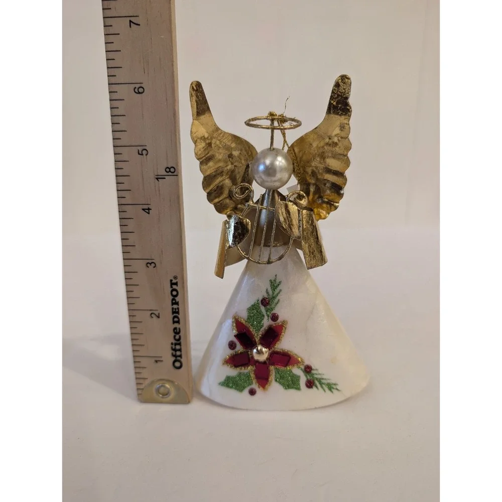 VTG Pier 1 Capiz Shell Christmas Angel Ornament W Harp Figure 3D Decorated Gold